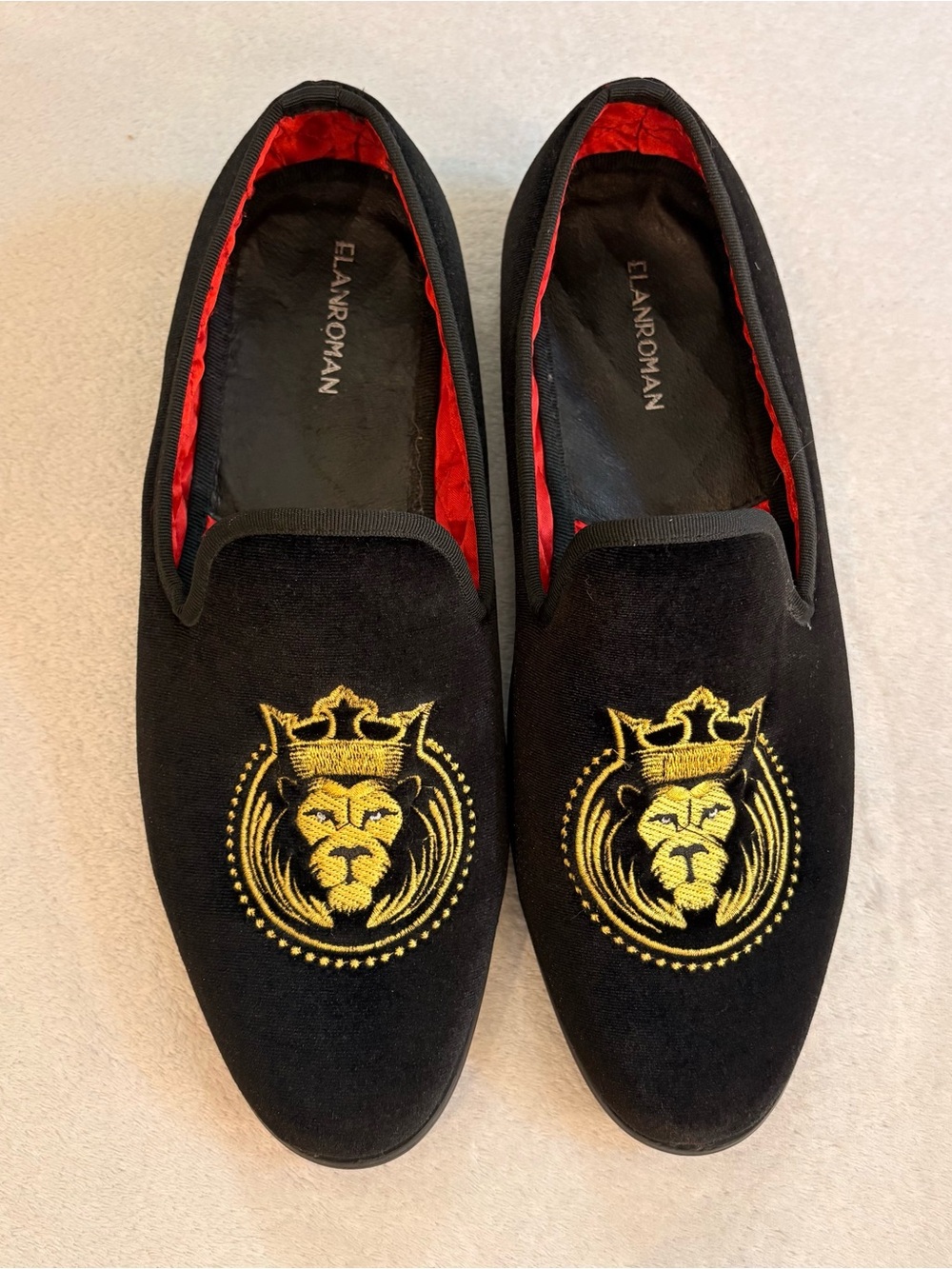 Elanroman Black Velvet Slip-On Evening Loafers Gold Lion Crest Sz 44/10